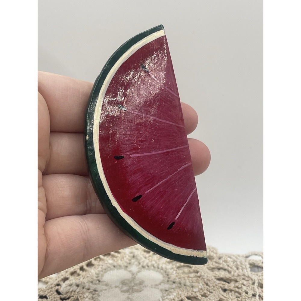 Fun Vintage 1970s Painted Carved Wood Folk Art WATERMELON Pin Brooch